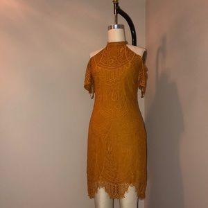 Lace Overlay Dress with cold shoulder detail